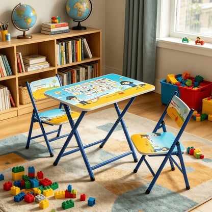 Foldable Kids Table and Chair Set with Cute Patterns, Sturdy Metal Frame Children's Activity Desk for Writing Drawing Playtime, Toddler Table Set for Home Playroom Classroom