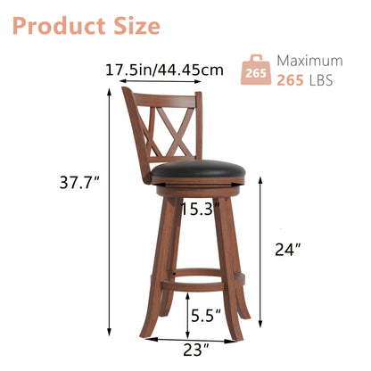 2 Set High Back Swivel Bar Stools with Upholstered Seat & Solid Wood Footrest, Rustic Counter Height Stools for Kitchen & Pubs