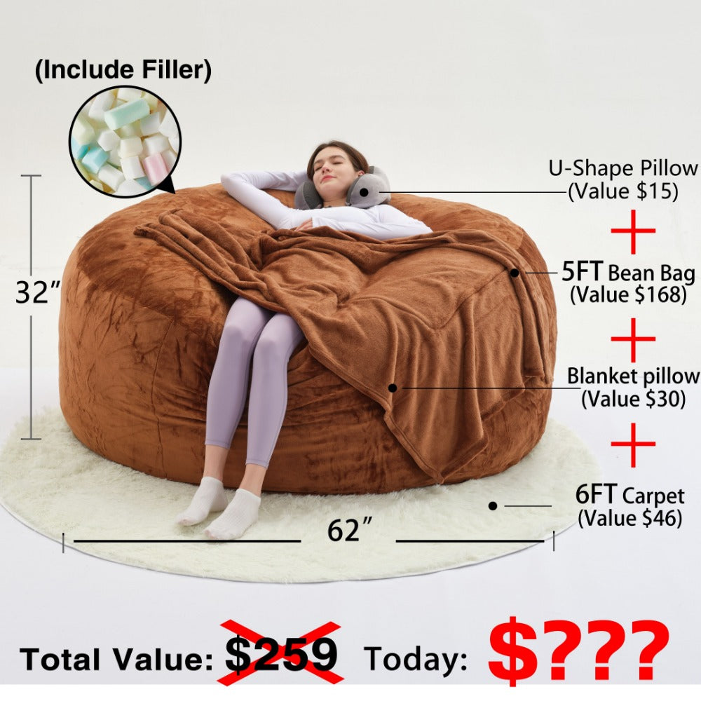 Bean Bag Sofa Chair Set – Includes Bean Bag Chair, U-Shape Pillow, Blanket & 6FT Round Carpet | Large Soft Machine-Washable Beanbag with 50 lb Memory Sponge Fill | Living Room, Bedroom & Gaming Room Relaxation Set
