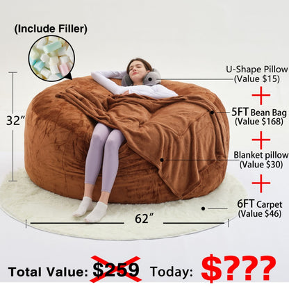 Bean Bag Sofa Chair Set – Includes Bean Bag Chair, U-Shape Pillow, Blanket & 6FT Round Carpet | Large Soft Machine-Washable Beanbag with 50 lb Memory Sponge Fill | Living Room, Bedroom & Gaming Room Relaxation Set