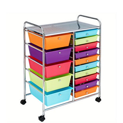 15-Drawer Rolling Storage Cart with Locking Wheels, Steel Frame & Multicolor Opaque Plastic Drawers, Space-Saving Organizer for Home Office Kitchen Bathroom, 5 Large & 10 Small Drawers