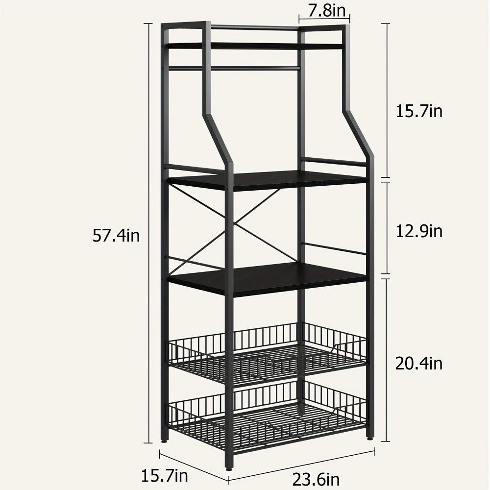 5-Tier Bakers Rack with 2 Wire Baskets - Microwave Oven Stand, Industrial Kitchen Storage Shelf, Coffee Bar Station & Utility Organizer for Home Kitchen