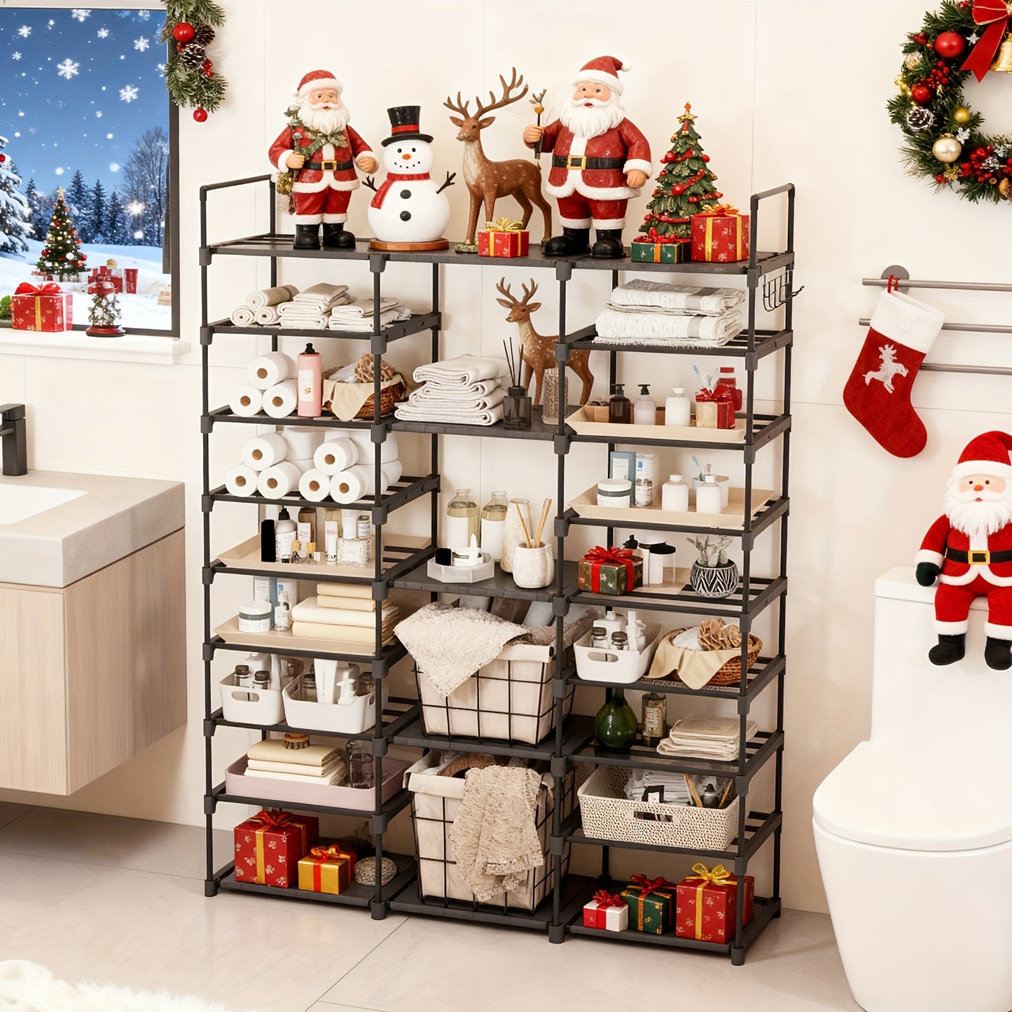 1pc 9 Tier Shoe Rack Organizer(129.5 Depth X 26.9 Width X 155.4 Height Cm), Black, 50-55 Pairs, Stackable Metal Shelf With Hooks For Entryway, Shoe Racks For Bedroom Closet, For Halloween And Christmas