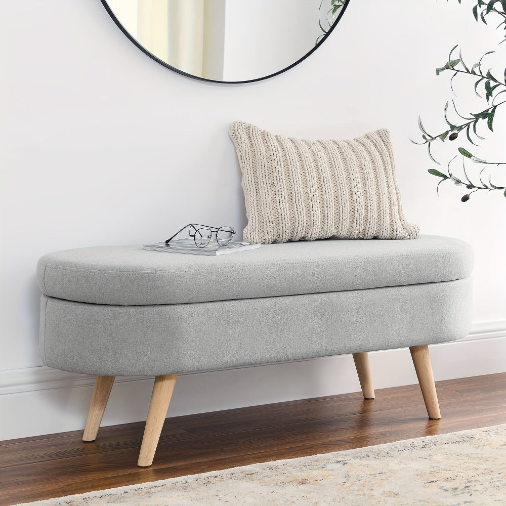 Oval Storage Bench with Linen Upholstery and Solid Wood Legs - Perfect for Hallway, Bedroom, or Living Room Organization