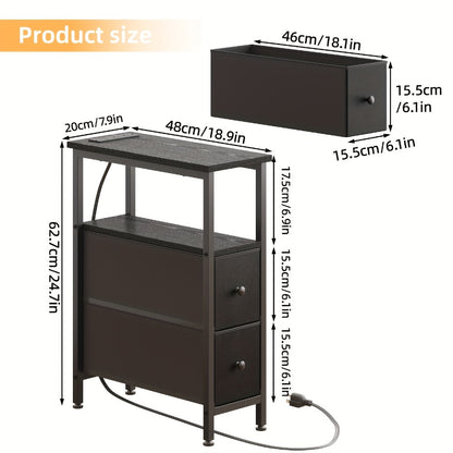 TOMNK Slim End Table for Living Room Featuring a Charging Station, Nightstand with Two Fabric Drawers, Narrow Side Table with Cloth Storage, Compact Nightstand for Bedrooms, Ideal for Small Areas, Sofa