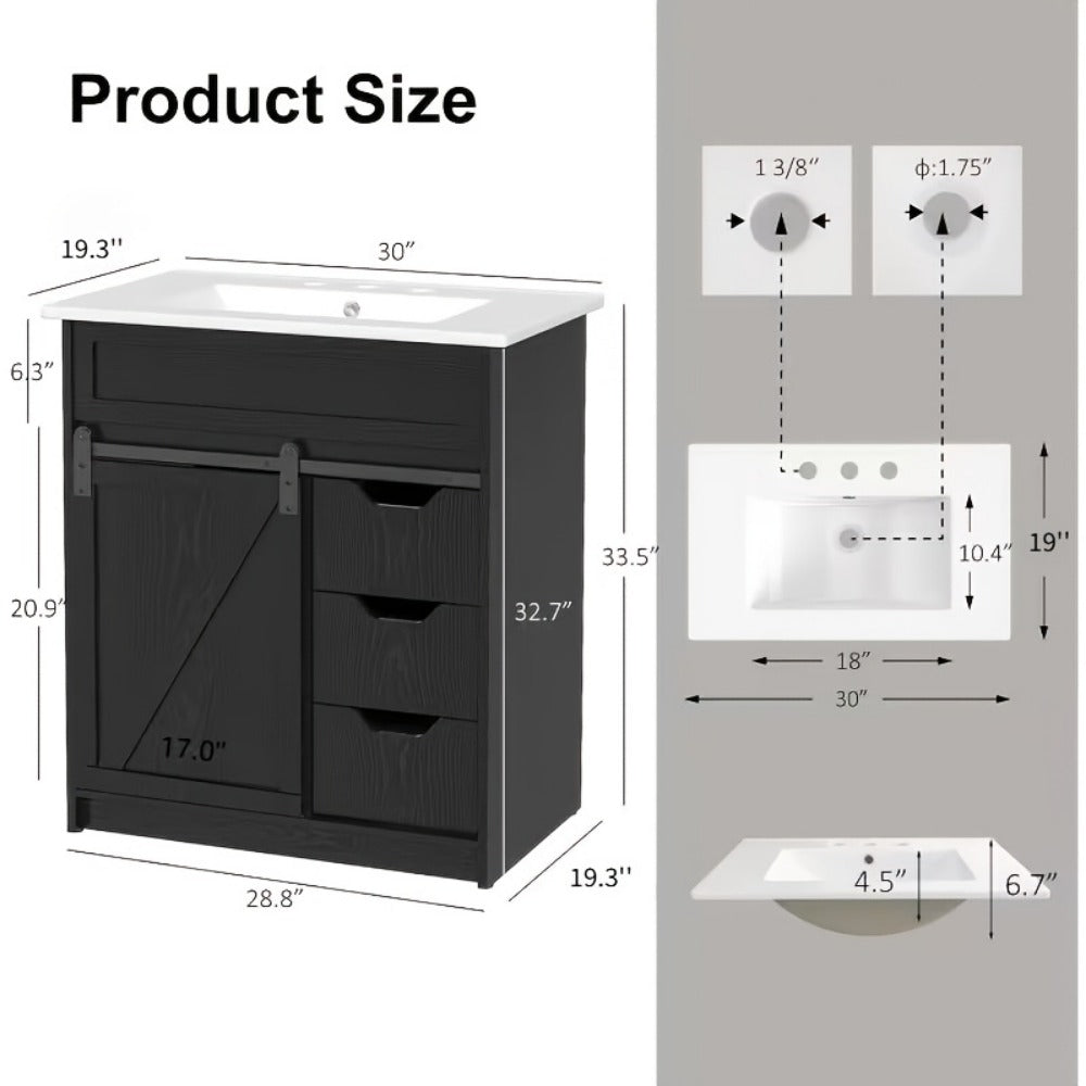 30 Inch Cottage Style Bathroom Vanity with Sink - Solid Wood Cabinet 3 Drawers Barn Door Sliding Shelf Ceramic Undermount Sink Modern Farmhouse Design