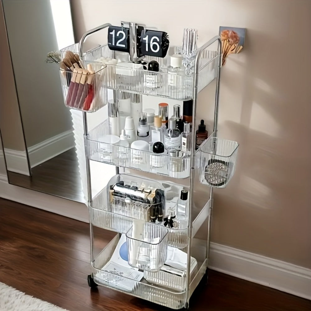 Rolling Storage Cart with Hanging Baskets, 3 or 4 Tier Acrylic Transparent Utility Cart with 360° Silent Wheels, Multifunctional Organizer for Bathroom Kitchen Bedroom Dorm Office Bar Nursery