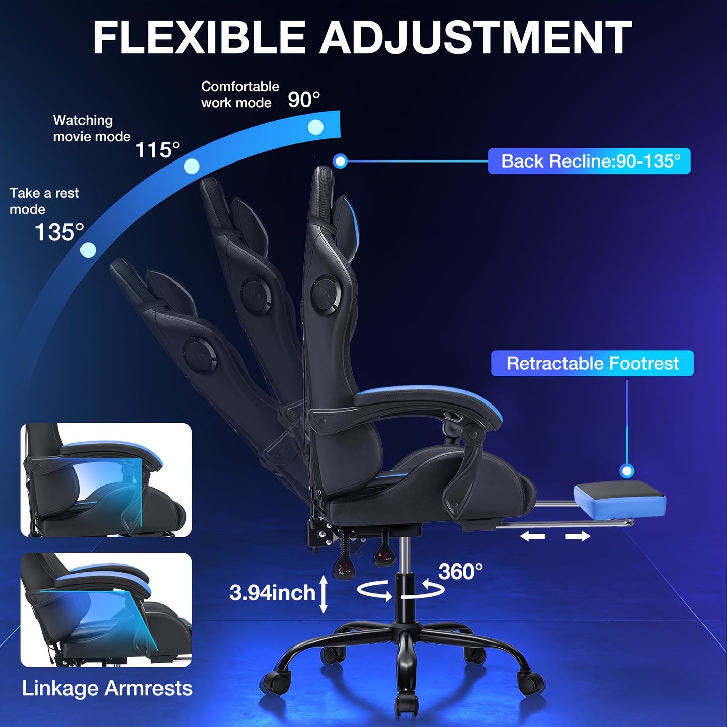 LED Gaming Chair with Wireless Speakers And Massage, Big And Tall Video Game Chair for 397Lbs with Footrest, Reclining High Back Computer Desk Chair