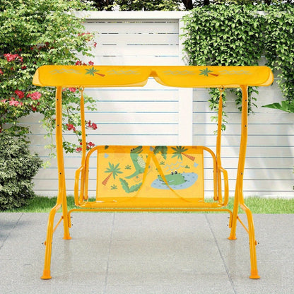 2-Seater Kids Patio Swing with Adjustable Canopy & Safety Belts - Outdoor Porch Swing Chair for Kids 3+, Sturdy Metal Stand, 180 LB Capacity, Fun Dinosaur & Flamingo Patterns