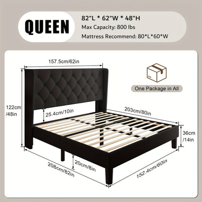 Valnase Modern Style Platform Bed Frame with 24"H Button Tufted Headboard, Solid Wood Slats Support, Artistic Legs Design - Dark Grey/Light Grey/Black Linen & White Velvet Options, Bed Frame for Home Bedroom