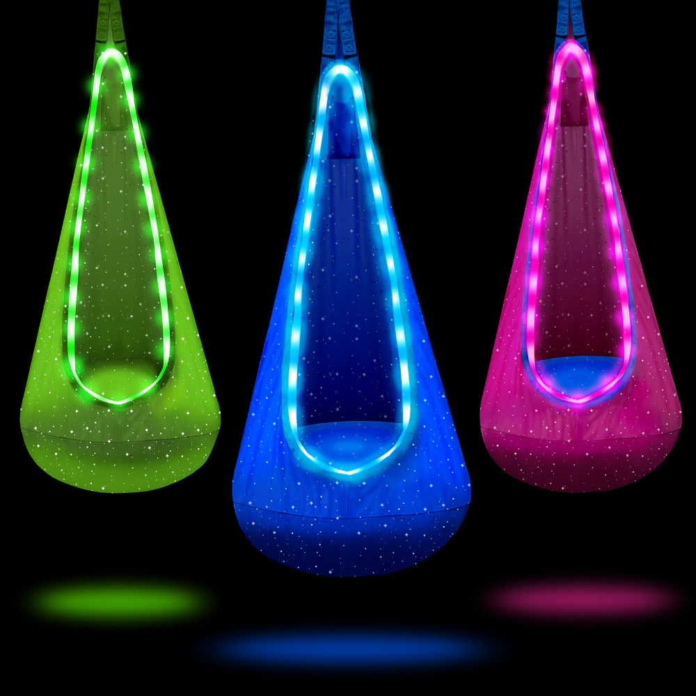 Hammock Chair with LED Lighting & Air Pillow Mounting Kit, 16-Color Remote Control, Hanging Swing Seat for Bedroom Balcony Study, Blue & Pink