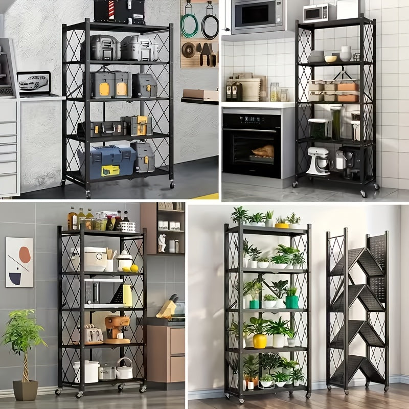 3/4/5-Tier Heavy-Duty Foldable Storage Shelf with Wheeled Shelves for Living Room, Kitchen, Garage, Office, Industrial - Space-Saving Baking Storage Rack Storage And Organization, No Assembly Required Folding Storage Shelf