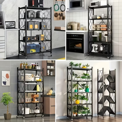 3/4/5-Tier Heavy-Duty Foldable Storage Shelf with Wheeled Shelves for Living Room, Kitchen, Garage, Office, Industrial - Space-Saving Baking Storage Rack Storage And Organization, No Assembly Required Folding Storage Shelf