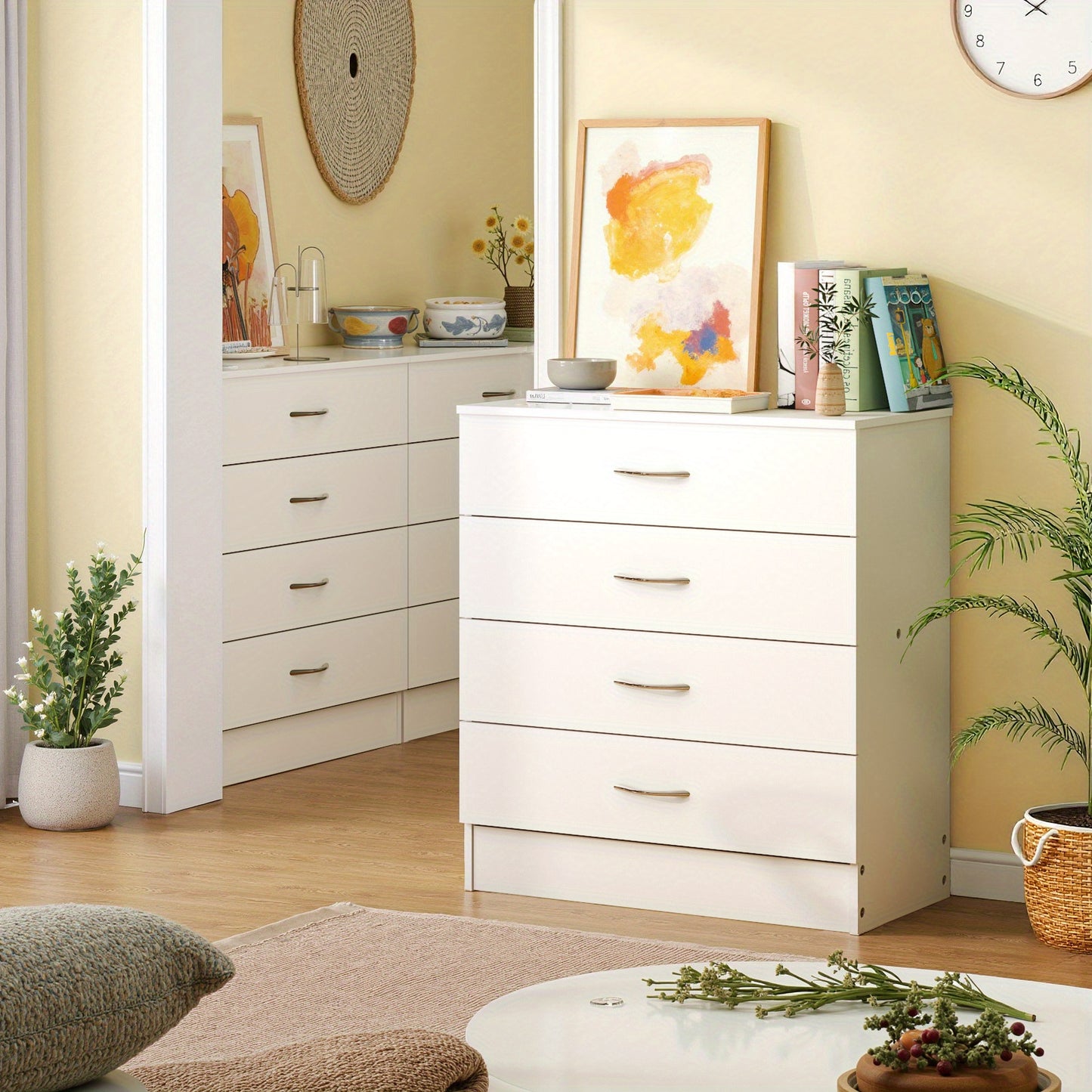 Modern 4-Drawer Storage Dresser - Wooden Chest for Bedroom, Living Room & Entryway, Multi-Functional End Table, White/ Black