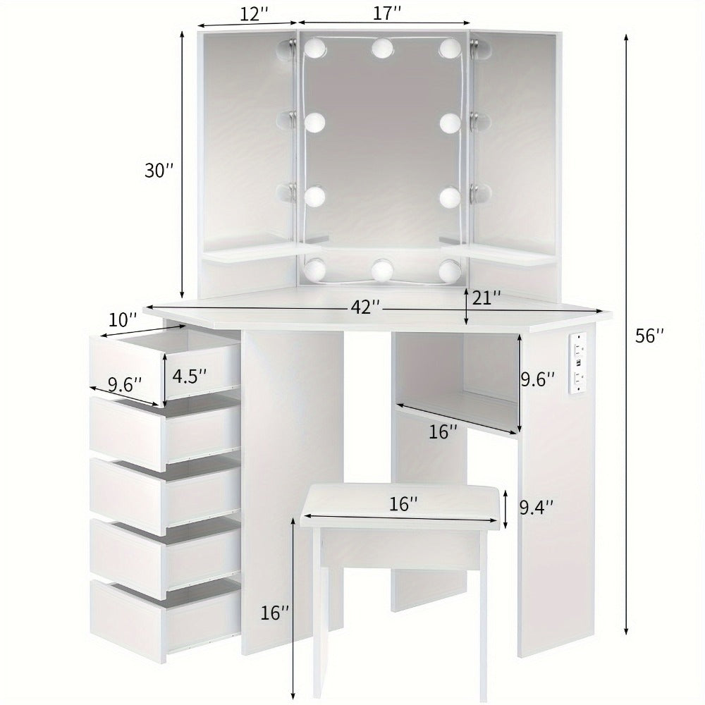42" Corner Makeup Vanity Desk with Tri-Mirror, Lights & Outlet, 5 Sliding or Rotating Drawers, Stool Included – Dressing Table Set for Bedroom