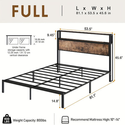 LED Bed Frame with USB Charging & 2-Tier Storage Headboard | Metal Platform, 12-Color Lights, Under-Bed Storage, 800 lbs, No Box Spring – Full Queen King
