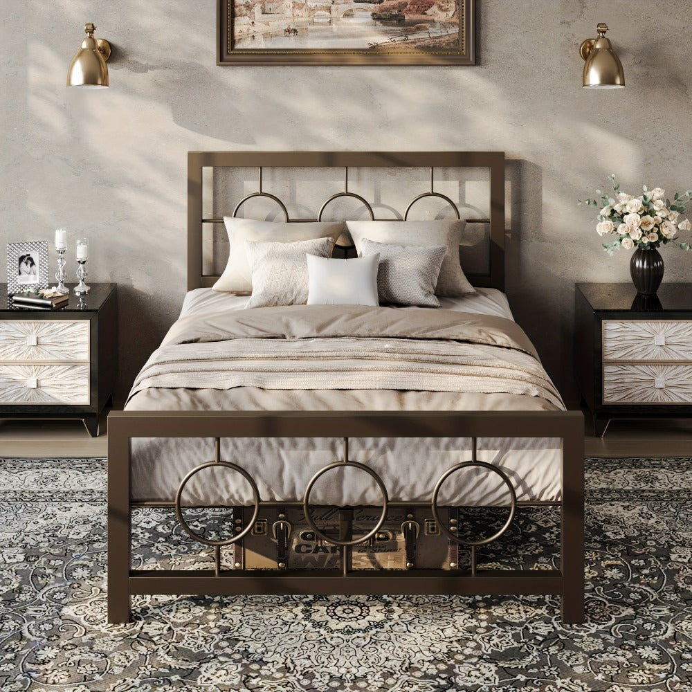 Metal Platform Bed Frame with Vintage Circular Design Headboard and Footboard Under Bed Storage No Box Spring Twin Full Queen King Black Brown
