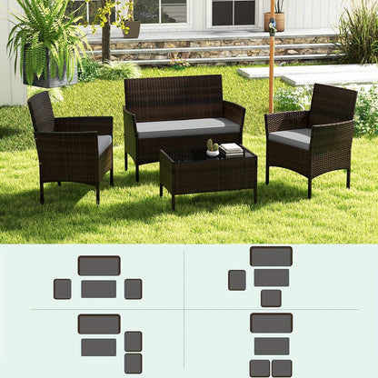 [Patio Furniture Set] 4pcs/8pcs Patio Furniture Set W/Washable Cushions And Tempered Glass Coffee Table
