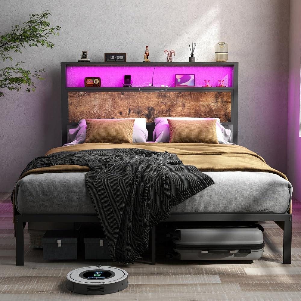 LED Bed Frame with USB Charging & 2-Tier Storage Headboard | Metal Platform, 12-Color Lights, Under-Bed Storage, 800 lbs, No Box Spring – Full Queen King