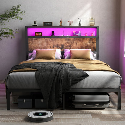 LED Bed Frame with USB Charging & 2-Tier Storage Headboard | Metal Platform, 12-Color Lights, Under-Bed Storage, 800 lbs, No Box Spring – Full Queen King