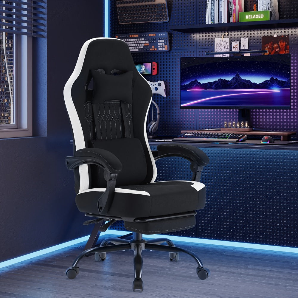 Ergonomic Computer Gaming Chair with Footrest, Lumbar Support & Headrest – Height Adjustable Office Chair with Armrests & Rollers, Black, Light Green, Blue