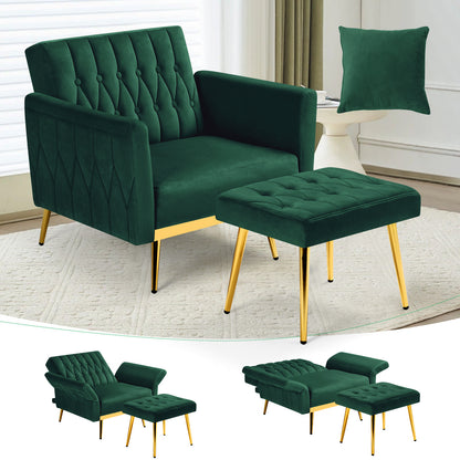 ACMEASE 31.5" Velvet Upholstered Single Chair with Adjustable Armrest And Back, Comfy Armchair with Movable Ottoman, Tufted Accent Chair with Soft Pillow for Living Room