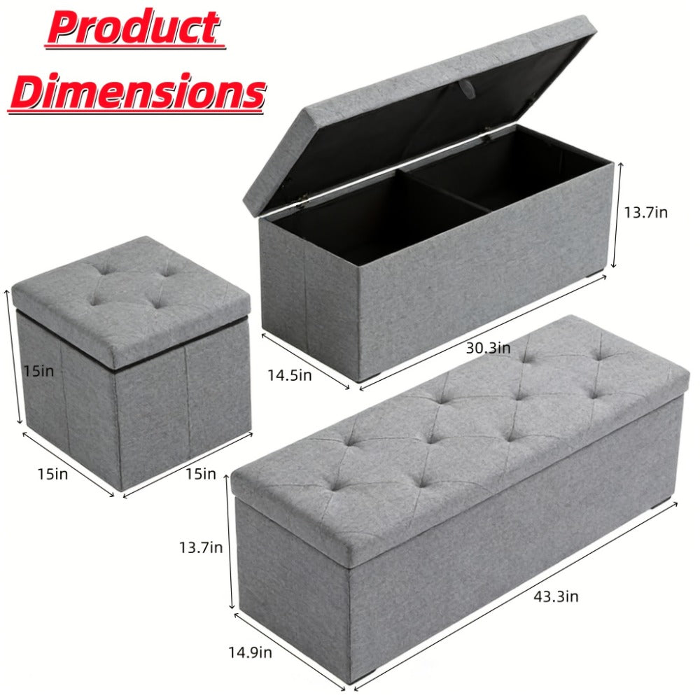 Folding Storage Ottoman Footstool Bench with Seat Cushion Waterproof Easy-Clean Surface, Heavy Duty Multifunctional Organizer for Living Room Bedroom Patio Garden, Medium Large Extra Large Grey