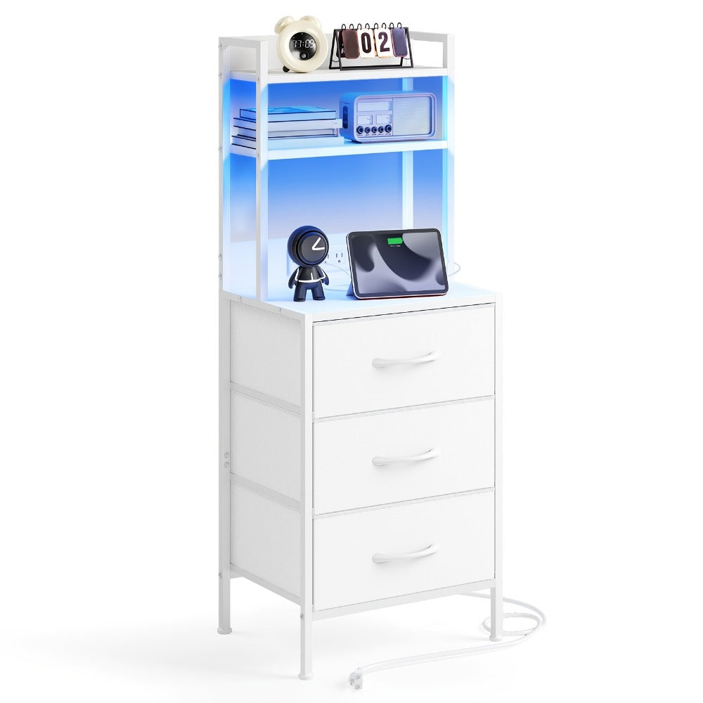 LED Nightstand with USB Ports Outlets Charging Station 41 47 Inch Tall Bedside Table 3 4 Drawer PU Fabric Storage Cabinet End Table for Bedroom Apartment Dorm Black Brown White