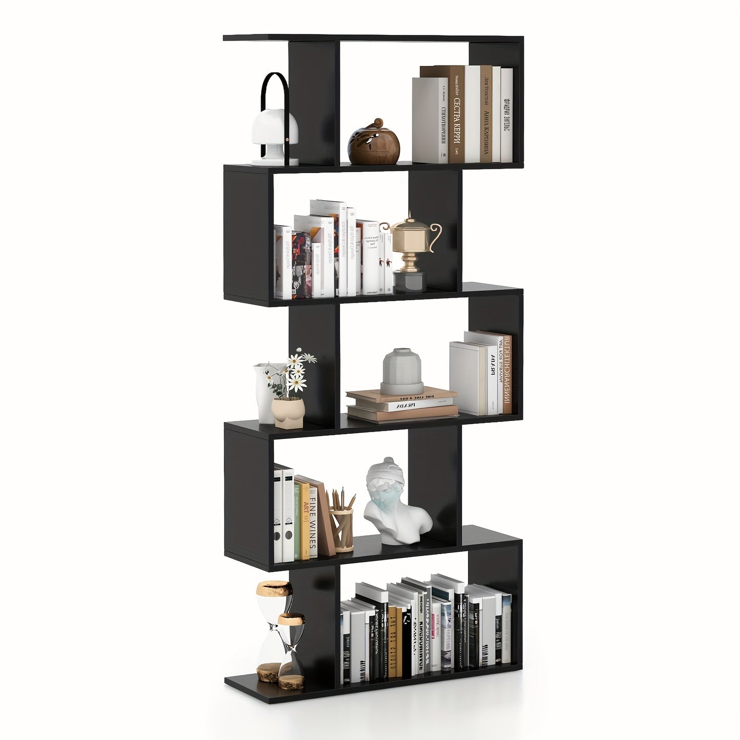 5-Tier Geometric S-Shaped Bookcase, Rustic Wooden Room Divider Storage Display Shelf, 62.5" Tall Freestanding Shelving Unit for Home & Office Decor