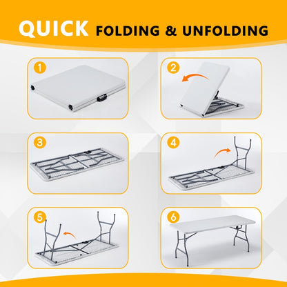 Folding Table 2.5/4/6FT Portable Heavy Duty Plastic Fold-in-Half Utility Table Portable Dining Table Indoor Outdoor Adjustable Height Folding with Carrying Handle, Locks, Camping and Party, Picnic Table -White/Black