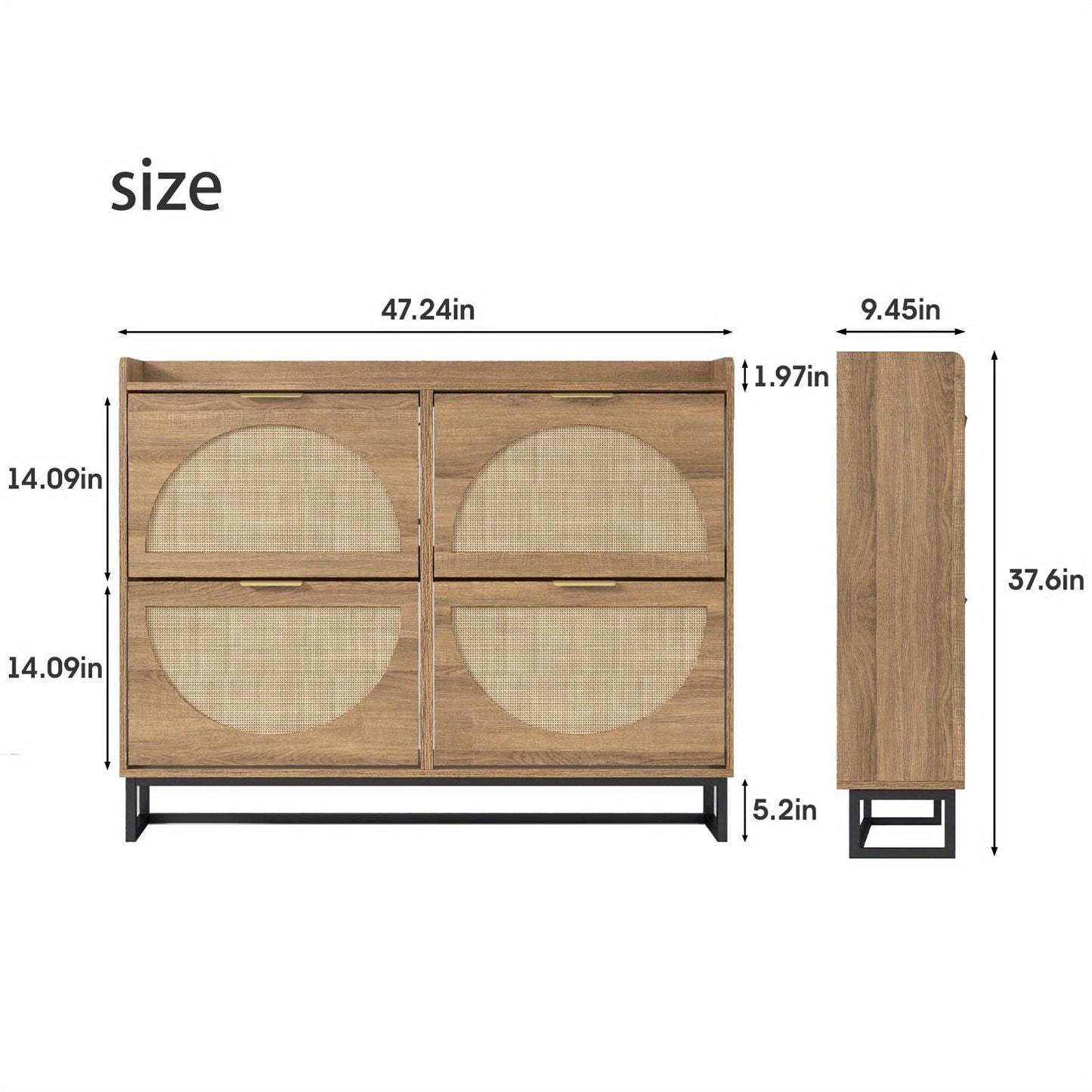 Rustic Oak Rattan Shoe Storage Cabinet, 2/3/4 Flip Drawers Freestanding Narrow Shoe Organizer, Shoe Rack With Sturdy Metal Legs And Hidden Golden Handles, Space Saving Hidden Footwear Storage Furniture Perfect For Entryway Hallway Front Door Home De