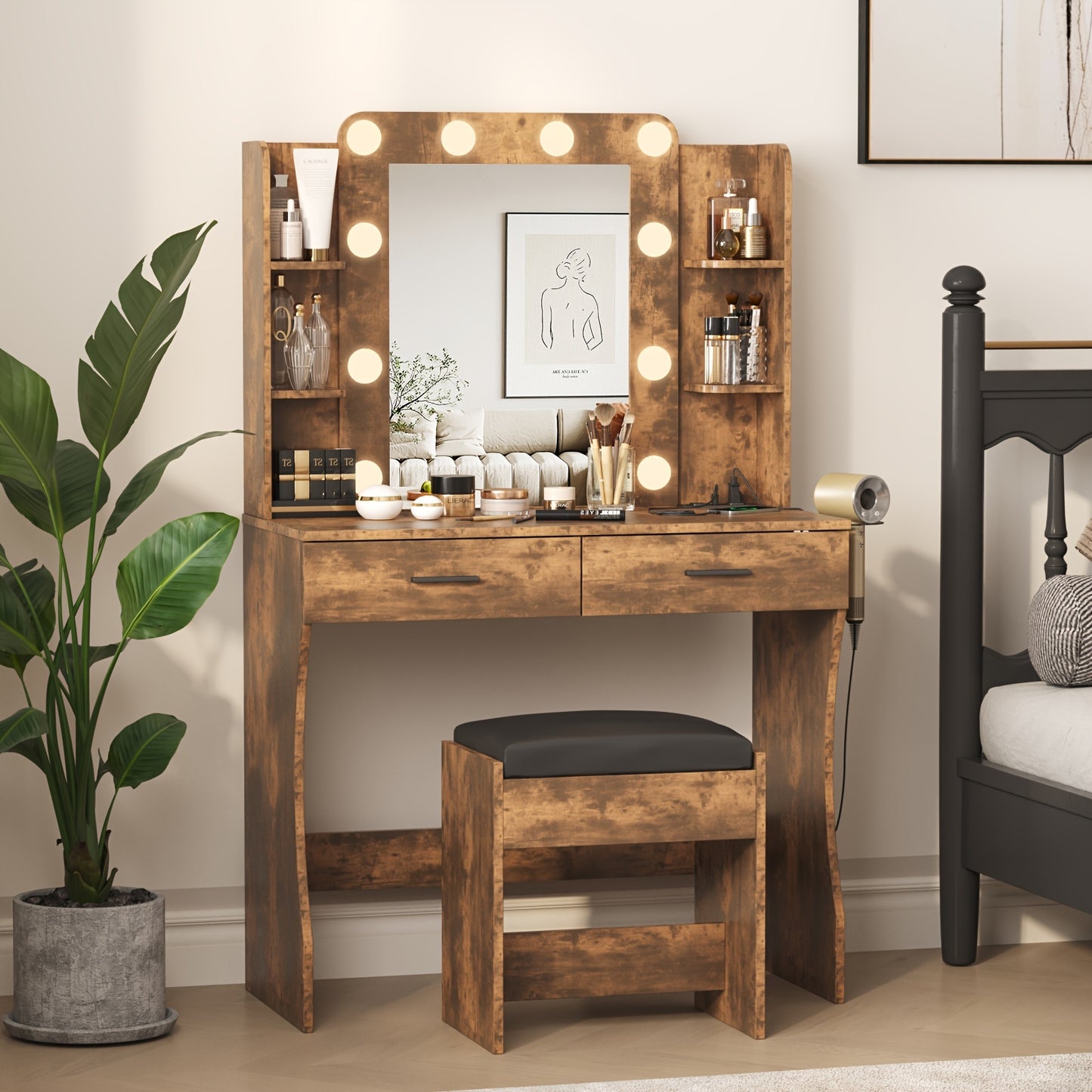 [LED Vanity Desk] Vanity Desk With LED Lighted Mirror & 10+ Strip, 6-Drawer Makeup Dressing Table With Stool Suitable For Bedroom,, Plug-And-Play Assembly, Modern For Room, Dorm, Beauty Salon
