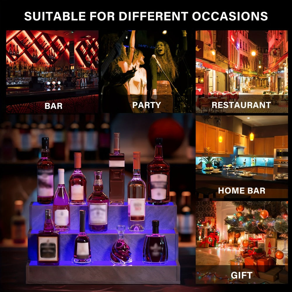 3-Step Illuminated Liquor Shelf 24-Inch LED Bar Bottle Display Unit – USB-Powered Light-Up Spirits Rack for Home Bar, Living Room & Dining Room