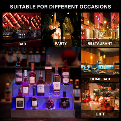 3-Step Illuminated Liquor Shelf 24-Inch LED Bar Bottle Display Unit – USB-Powered Light-Up Spirits Rack for Home Bar, Living Room & Dining Room