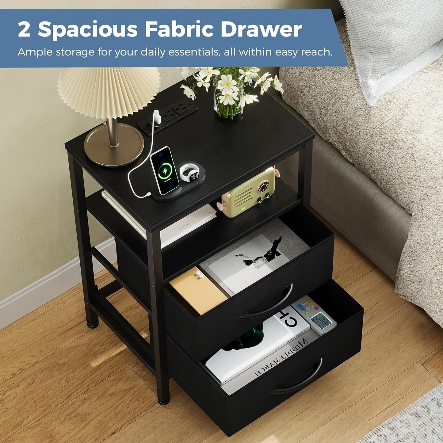 1/ 2P Bedside Table with Quick Charge USB/ Type-C Ports - Space Saving Floating Nightstand with 2 Adjustable Drawers& Built-in Socket, Ideal for Modern Bedrooms