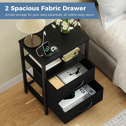 1/ 2P Bedside Table with Quick Charge USB/ Type-C Ports - Space Saving Floating Nightstand with 2 Adjustable Drawers& Built-in Socket, Ideal for Modern Bedrooms