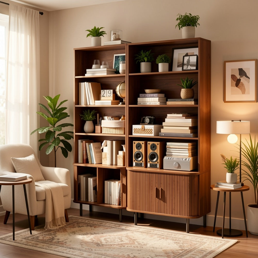 71 Inch Tall Bookcase with Sliding Doors 4 Shelves Storage Cabinet Adjustable Shelves Walnut Mid-Century Modern Home Office Living Room