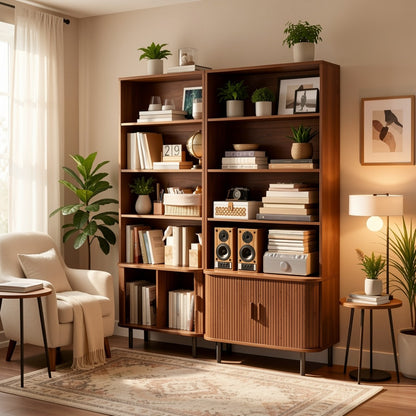 71 Inch Tall Bookcase with Sliding Doors 4 Shelves Storage Cabinet Adjustable Shelves Walnut Mid-Century Modern Home Office Living Room
