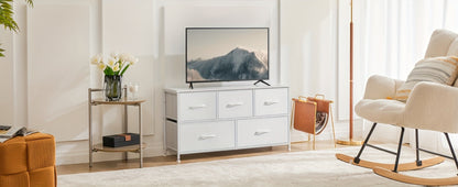 5-Drawer Dresser with Fabric Drawers & Cabinet Suitable for Bedroom, Room with Plastic Frame & Top, Low Chest Organizer Unit with Removable Bins, Space-Saving Furniture for Closet,, Hallway, Assembly