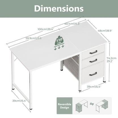 Home Office Computer Desk with 3 Fabric Drawers And File Cabinet, Writing Study Table with Storage Bag And Hook for Small Space, 40/48 Inch, White/Black/Vintage