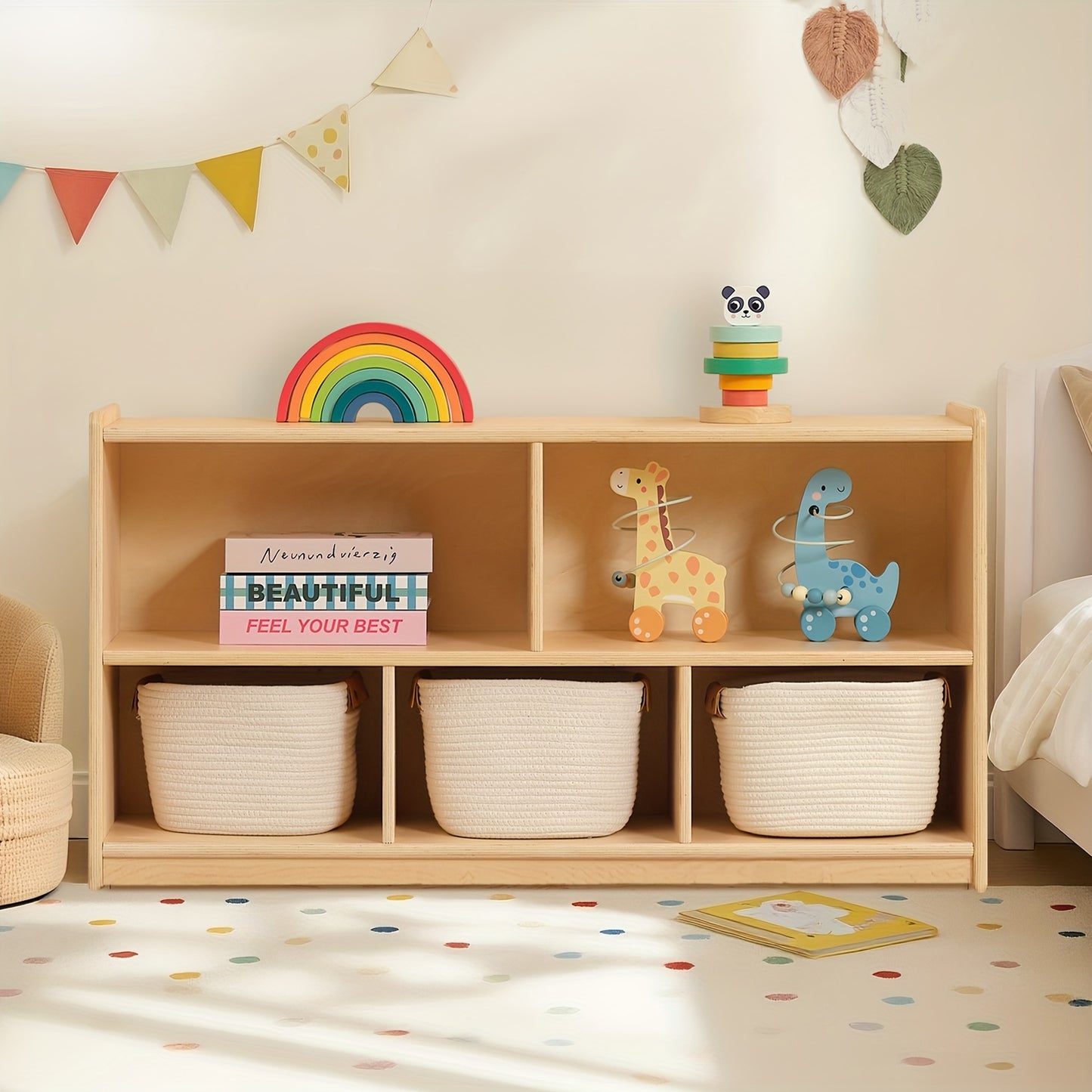Large Wood Storage Organizer, 2-Shelf Wood Bookshelf, 5-Section Kids Bookshelf, Wooden Storage Cabinet for Classroom, Kids Bookcases And Toddler Shelf for Kids Room, Playroom, Nursery