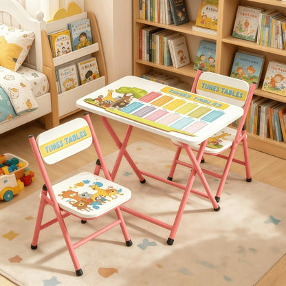 Foldable Kids Table and Chair Set with Cute Patterns, Sturdy Metal Frame Children's Activity Desk for Writing Drawing Playtime, Toddler Table Set for Home Playroom Classroom