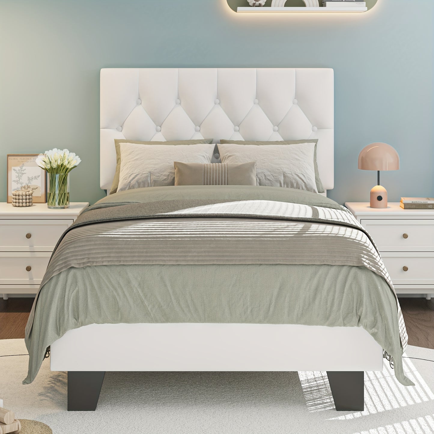 Platform Bed Frame with 21 Inch Soft Padded Headboard Striped or Button Tufted Solid Wood Slats Art Legs Twin Full Queen Black Linen Dark Grey White Velvet