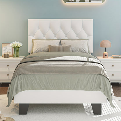 Platform Bed Frame with 21 Inch Soft Padded Headboard Striped or Button Tufted Solid Wood Slats Art Legs Twin Full Queen Black Linen Dark Grey White Velvet