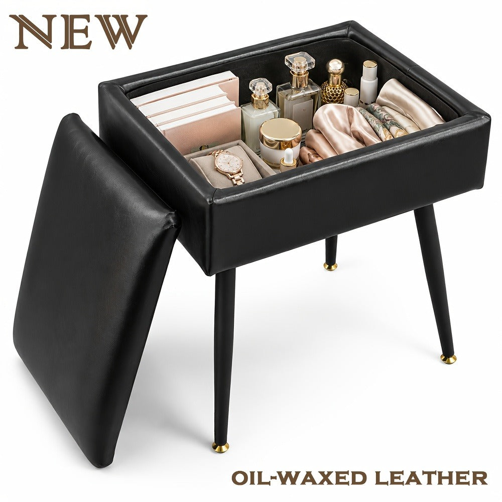 Vanity Stool with Storage Hidden Compartment Gold Metal Legs Upholstered Makeup Chair Shoe Bench Bedroom Accent 5 Colors Pink White Black Purple PU Leather