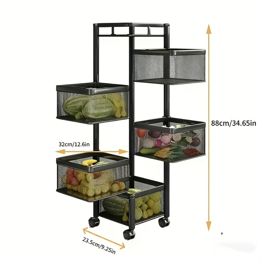 5-Tier Rotating Kitchen Storage Shelf with Wheels, Metal Fruit & Vegetable Basket Rack Storage Trolley, Floor-Standing Multi-Layer Organizer for Kitchen & Bathroom, Square