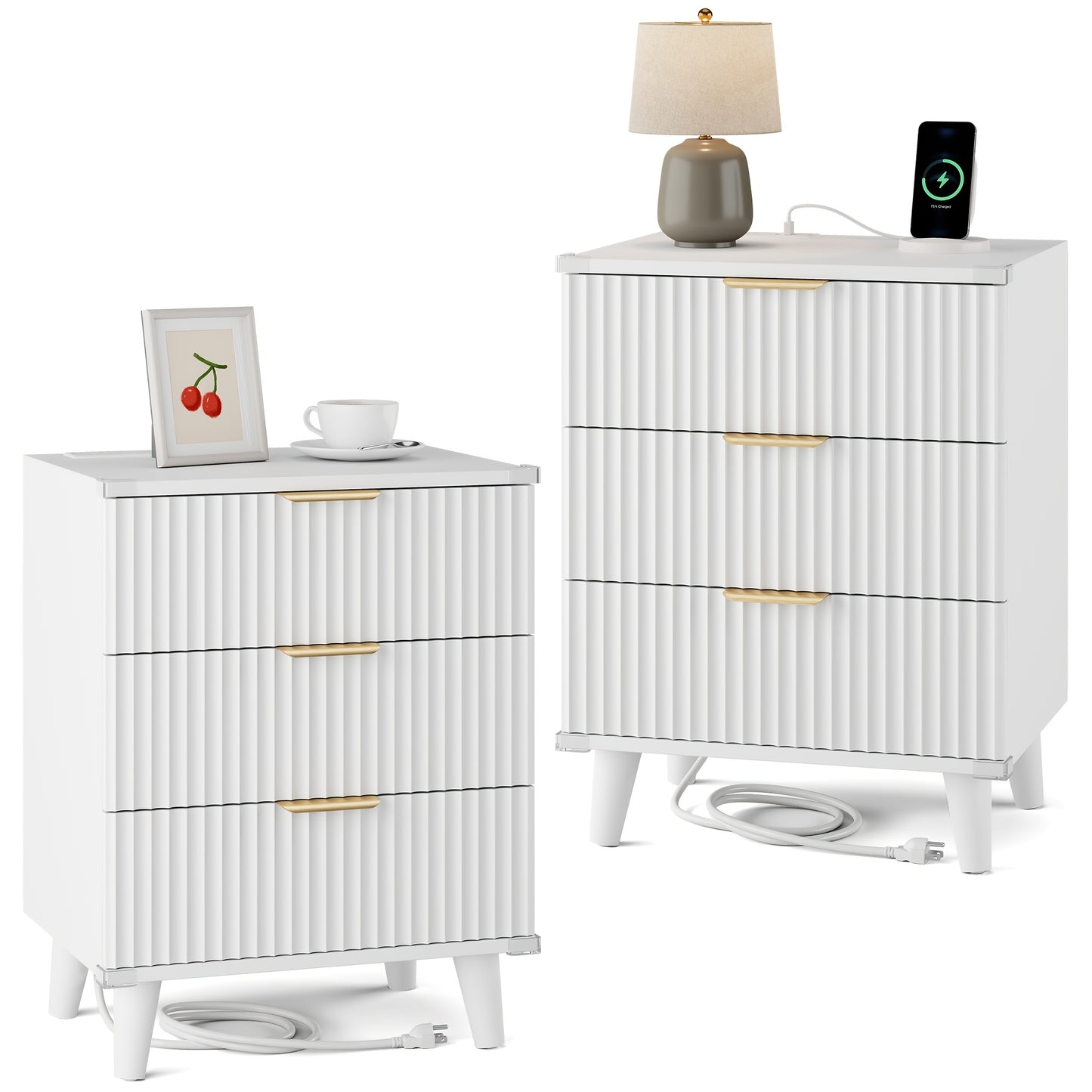 [Nightstand with Charging] Set of 1 Or 2 Nightstand with Charging Station, Side Table with 3 Drawers, Bedside End Table with 2 USB Ports And 2 AC Outlets, Night Stand for Bedroom, Small Dresser for Small Spaces