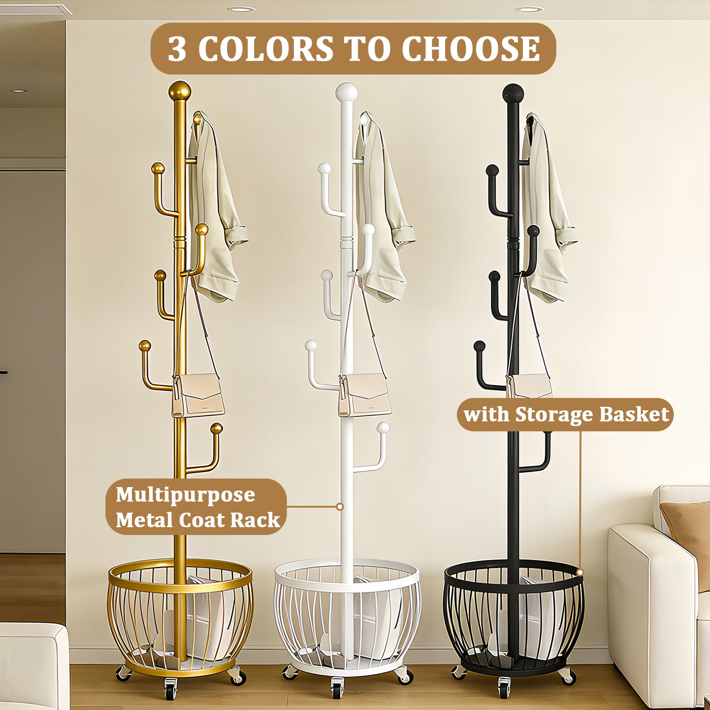 2-in 1 Multipurpose Freestanding Coat Rack with Storage Basket - 6 Hooks and 4 Universal Wheels, Mobile Clothes Hanger, Space-Saving Freestanding Clothes Rack Organizer, for use in Entryway, Living Room, Bedroom, Home, Office, Bathroom for Hats, Coats, Sc