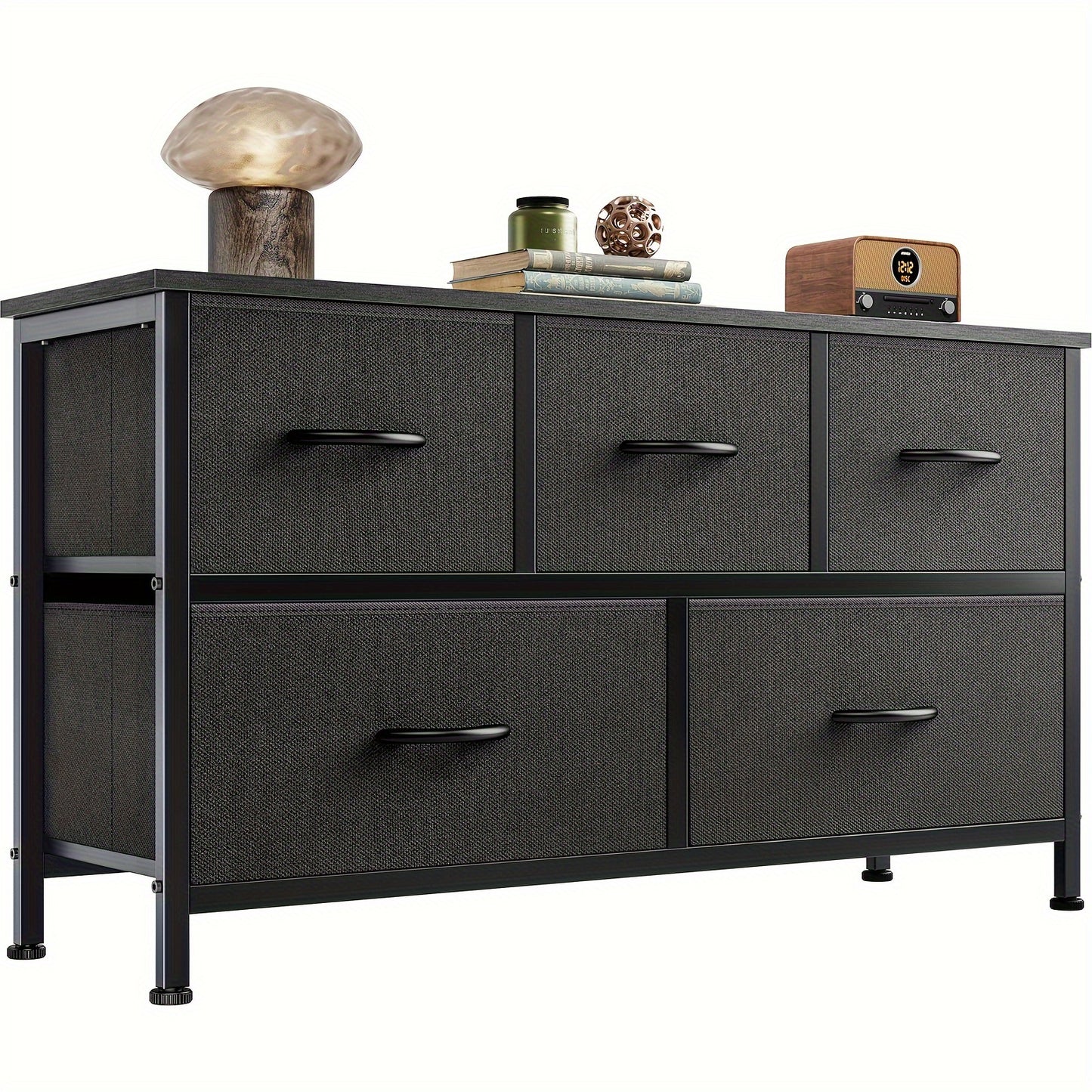 Dresser for Bedroom with 5 Fabric Drawers, Tall Chest Organizer Units for Clothing, Closet, Living Room, Storage Tower with Cabinet, Metal Frame, Wooden Top, Lightweight Furniture, 39.4 X 11.8 X 20.9in
