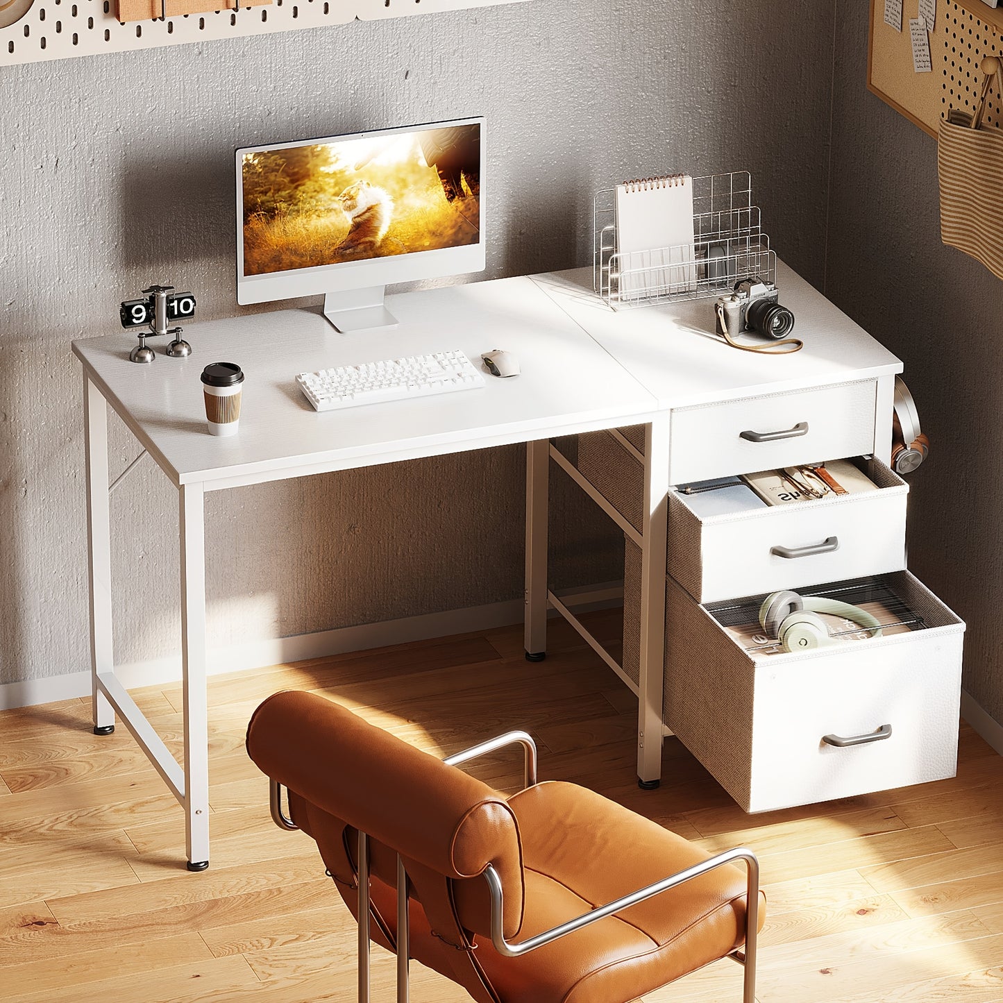 Home Office Computer Desk with 3 Fabric Drawers And File Cabinet, Writing Study Table with Storage Bag And Hook for Small Space, 40/48 Inch, White/Black/Vintage